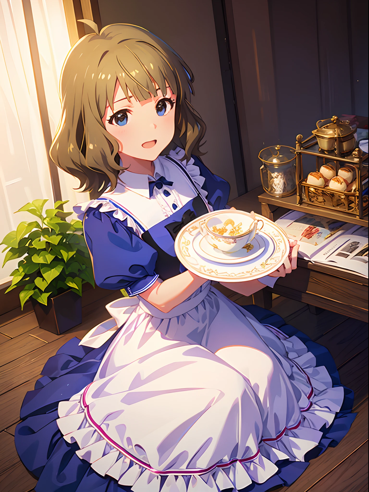 yuriko nanao (million live), 1 girl, Solo, Cute Girl,Best Quality, Ultra-detailed, 8K, High resolution, bob hair, Alice in Wonderland, sky blue dress, puffy sleeves, frilled dress, white apron, frilled apron, garden, tea time,