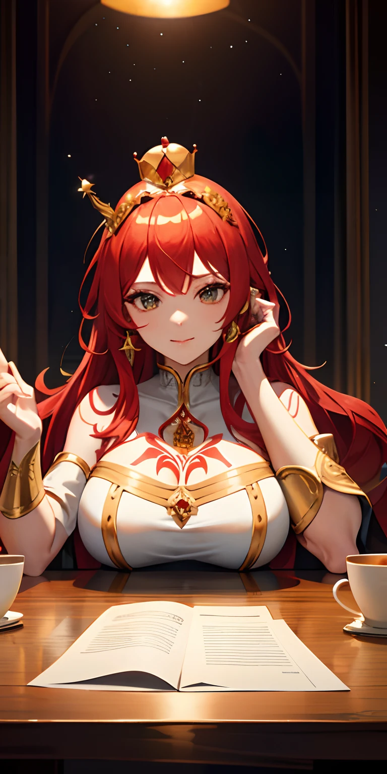 Official Art, master piece, sharp focus, (goddess, beautiful Greek woman, mature, perfect:1.3), (very beautiful:1.3) beauty, Delicate and beautiful hair, eyes and face, realistic, ultra detailed, beautiful girl, particle bright white, (side lighting:1.2), slender, lovely, modest busts(Above average), Massive:1.2) and modest hips(Above average), smiling, ((smile with eyes, open both eyes)) , Posing, Only, upper body, Mount Olympus, Greek pantheon, Backstory, Flames, singed, Long red hair (Orange tone), straight, Facial expression, embarrassed, motherly, modest, Happy, dynamic hair, red eyes (Fire color), bright, (dress, conservative, Long, without exposing too much skin, White, gold details), ((camel)), pale skin, hair ornament