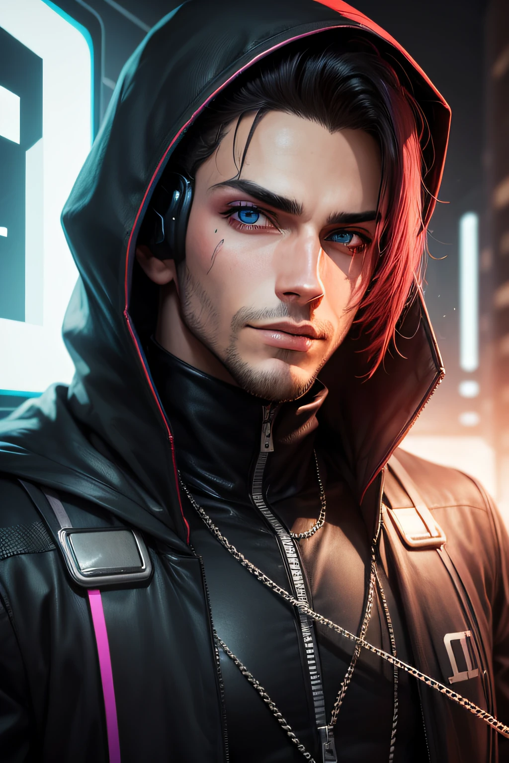homem com capuz, hacker, cyberpank, olhos vermelhos