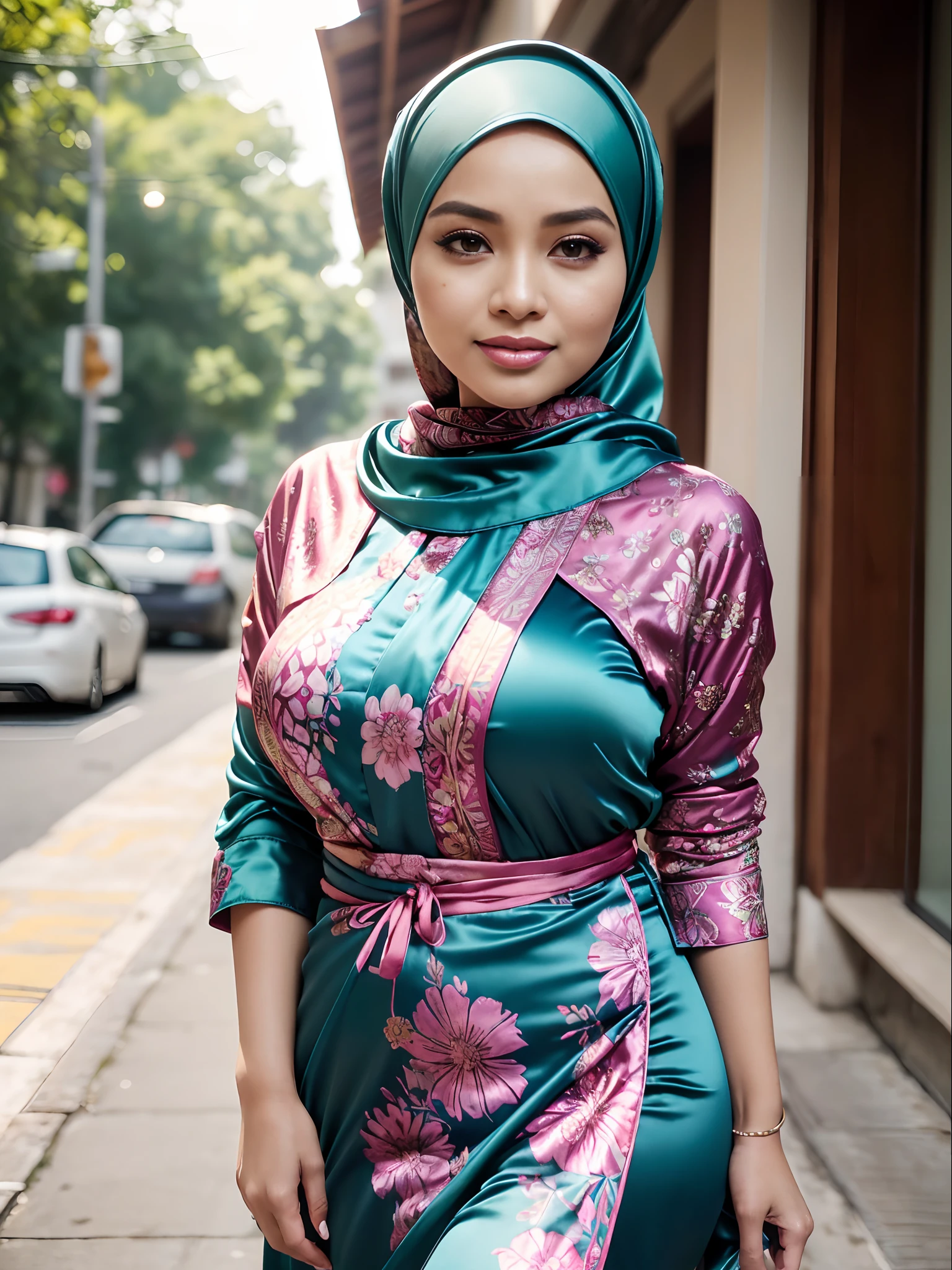 RAW, Best quality, high resolution, work: 1.3), beautiful Malay woman wearing ,((satin hijab teal), loose hijab style)),((satin pario batik shirt)), gamis with pastel floral patterns in hijab, ,big breasts, (masterpiece, perfect slim body,(absurdres:1.3), walking (skin detail: 1.3 , facial details:1.3), looking towards the viewer, sharp focus, smooth, (Malay beauty:1.3), (mature woman:1.2), (large breasts:1.4, thick thighs:1.2, narrow:1.1), light smile, ( big_eyes:1.2, brown_eyes), red_eyeshadow, pink lips, looking at the viewer, street, (bokeh ),(sunlight o