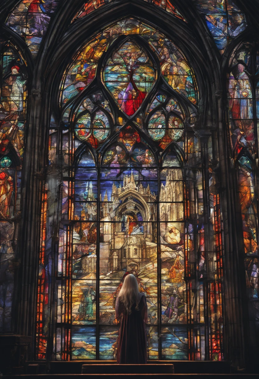 an award winning, photograph picture, RAW, Ultra wide Picture, (best detailed: 1.3), (UHD: 1.5), (photorealistic: 1.4), photography magazine quality picture of gothic church from the outside (the stained glass art is of a woman's face: 1.5), its night time, there stars in the sky, picture taken from (outside the church: 1.3), urban city background, best details, best quality, 16k, (ultra detailed: 1.5), masterpiece, best quality, (extremely detailed), ultra wide shot, photorealism, depth of field, hyper realistic, 2.5 rendering