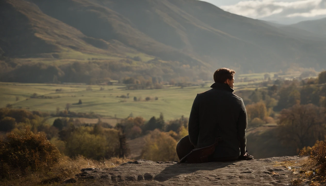 there is a man sitting on a wall with a view of mountains, hills in the background, with mountains in the background, in a scenic background, taken with sony alpha 9, sitting in a castle, chill time. good view, taken with sony a7r camera, standing near a castle, with mountains in background, amidst nature, with mountains in the distance