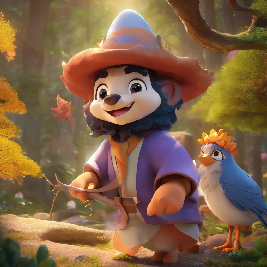 Create a Disney-style drawing of Enoch, a character with a heartwarming smile, bright and curious eyes, wearing traditional attire that reflects his unique personality and culture. The background should be a whimsical, enchanted forest with vibrant colors and friendly woodland creatures. Ensure the artwork captures the essence of Enoch's adventurous spirit and the magic of his world."