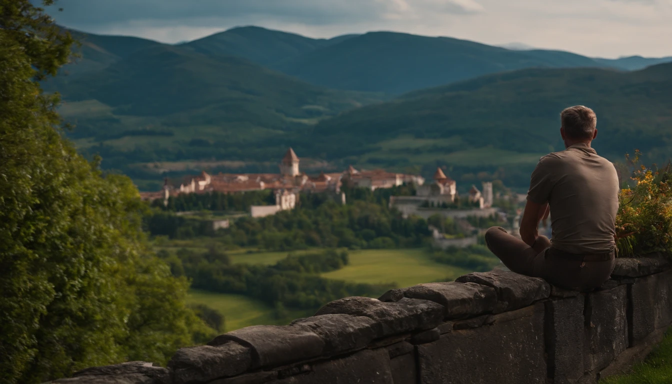 there is a man sitting on a wall with a view of mountains, hills in the background, with mountains in the background, in a scenic background, taken with sony alpha 9, sitting in a castle, chill time. good view, taken with sony a7r camera, standing near a castle, with mountains in background, amidst nature, with mountains in the distance