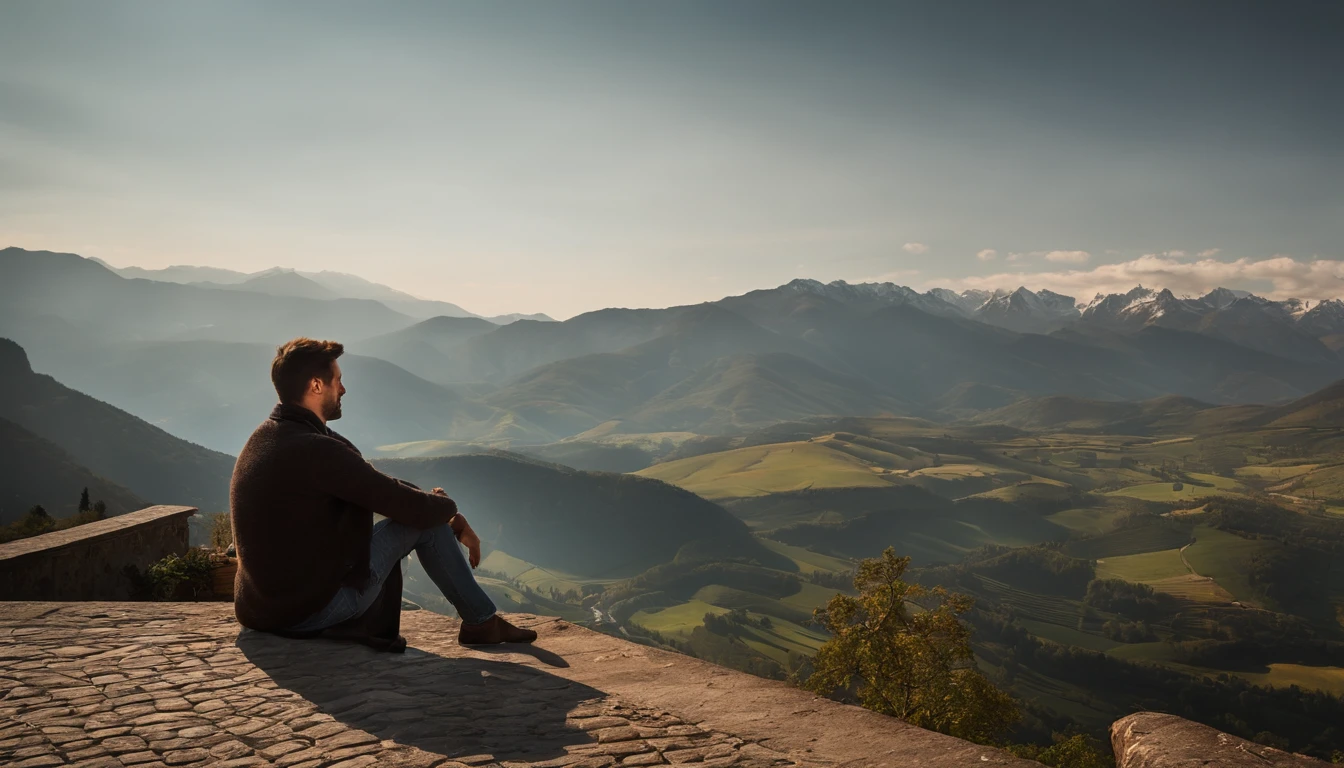 there is a man sitting on a wall with a view of mountains, hills in the background, with mountains in the background, in a scenic background, taken with sony alpha 9, sitting in a castle, chill time. good view, taken with sony a7r camera, standing near a castle, with mountains in background, amidst nature, with mountains in the distance