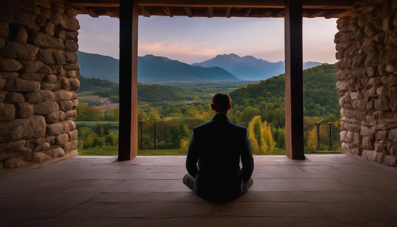 there is a man sitting on a wall with a view of mountains, hills in the background, with mountains in the background, in a scenic background, taken with sony alpha 9, sitting in a castle, chill time. good view, taken with sony a7r camera, standing near a castle, with mountains in background, amidst nature, with mountains in the distance