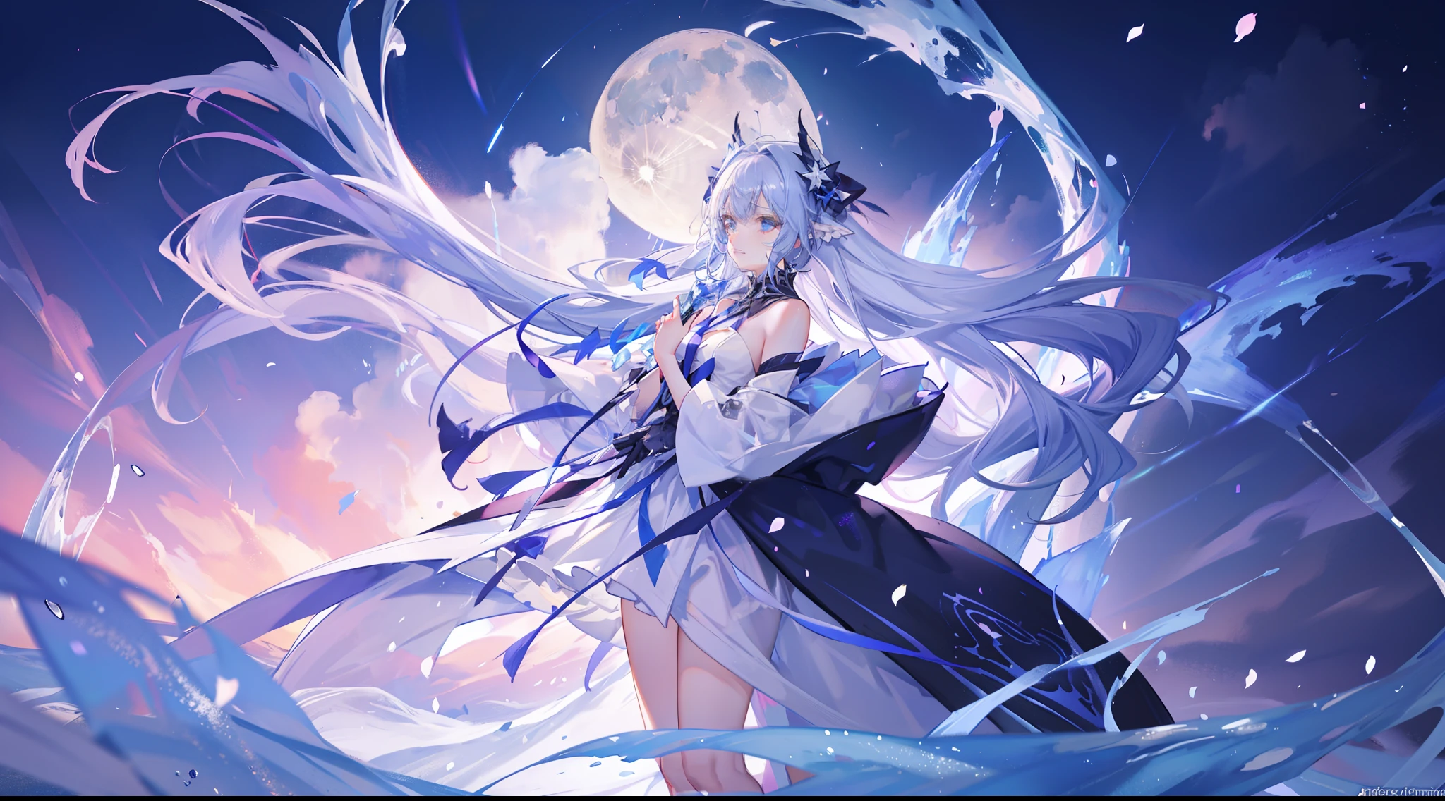 Cat's ears, blue eyes, hair is white with pink highlights and shoulder length, Her skin is pale, A blade of ice enveloped me like a serpent in interstellar wind,Unleash the Ice Blade, Highest Quality, Carry a white cloak with war maiden decorations,Raise the rainbow spear of the brave, ((sad))((Big tears)), 8. Blue Ice Javelin,Ice Blade,Lens Flare, Big rainbow,The moon shines,Star chips, bloom, ((light glow)), chromatic abberation], Digital Painting, Insane details, Intricate details, Beautifully color graded, Unreal Engine, Cinematic , colour grading, Editorial Photography , Photography, Photo Shot, Shot on 70mm lens, depth of fields, degrees of freedom, Tilt Blur, Shutter Speed 1/1000, h/22