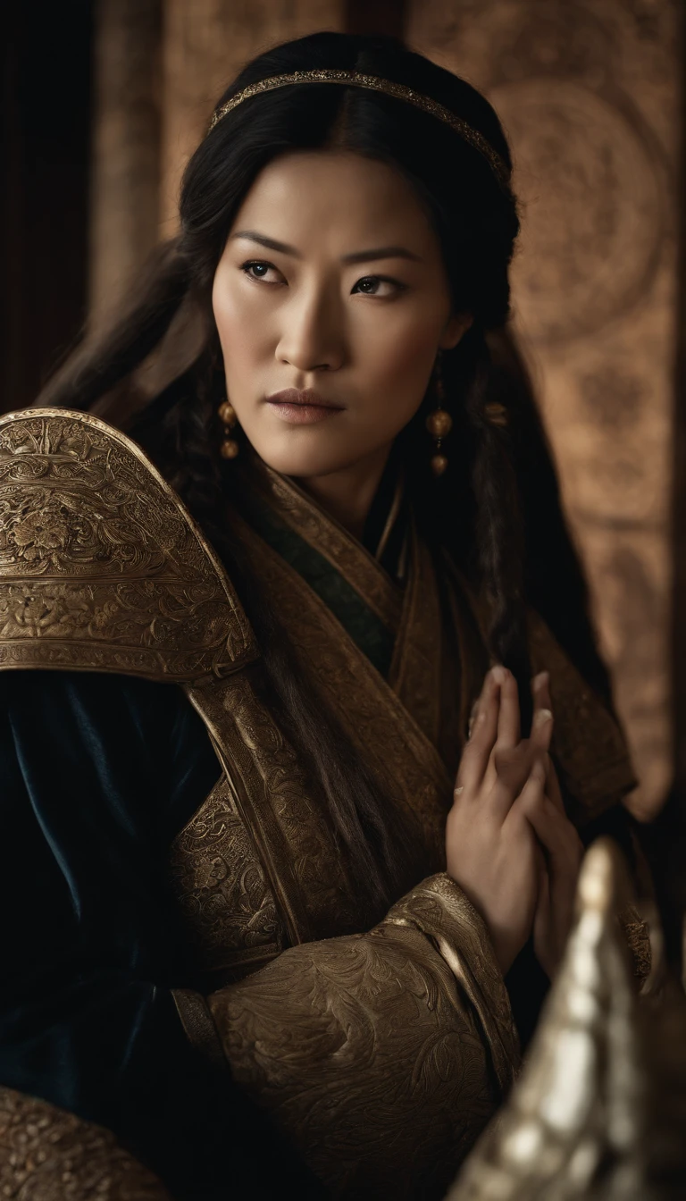 Create an image that highlights the lasting influence of Genghis Khan's widowed daughters, showing them as strong and capable leaders who kept the empire stable after the death of their husbands