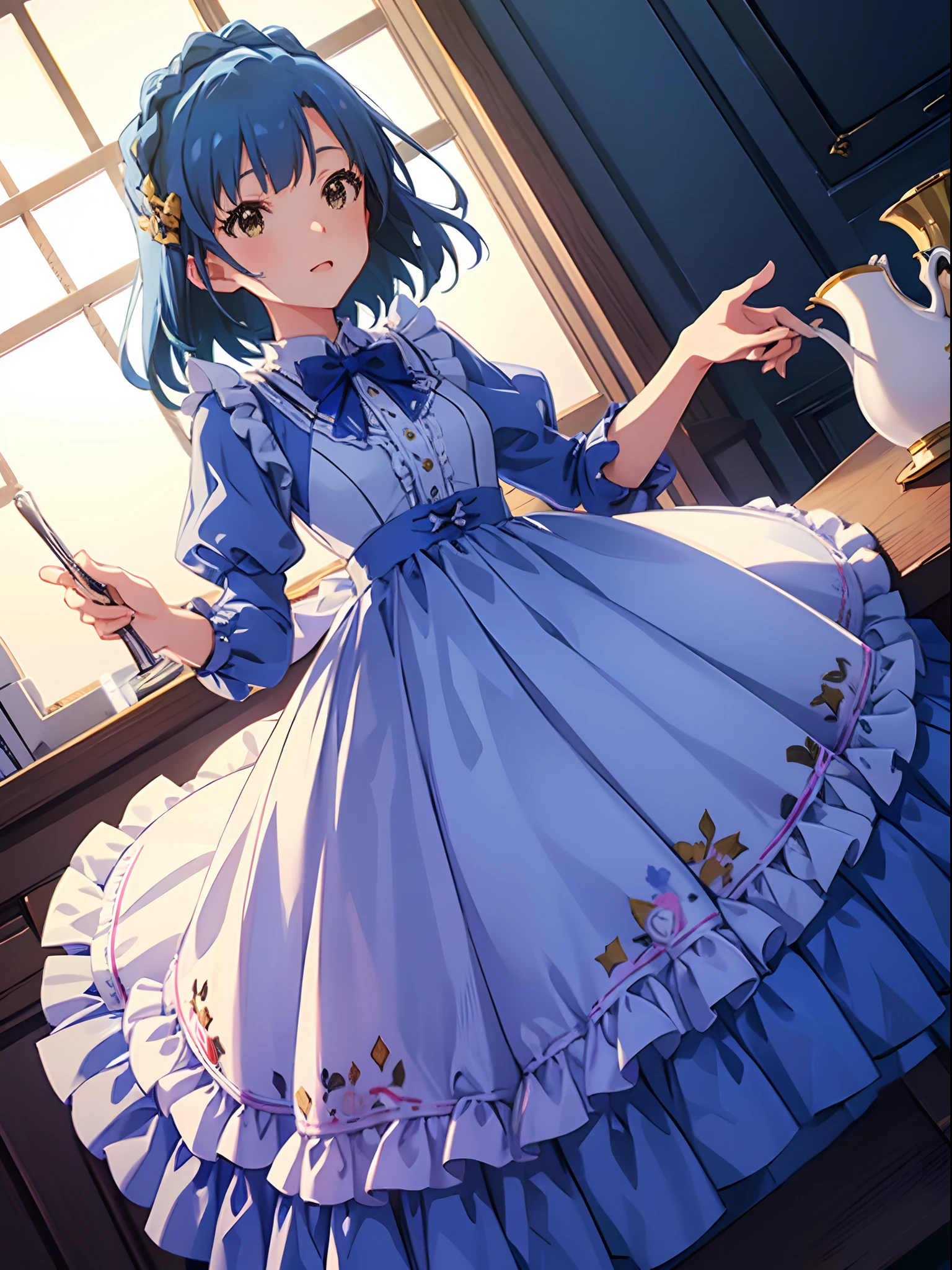 Anime girl in blue dress holding a tea pot and a tea pot - SeaArt AI