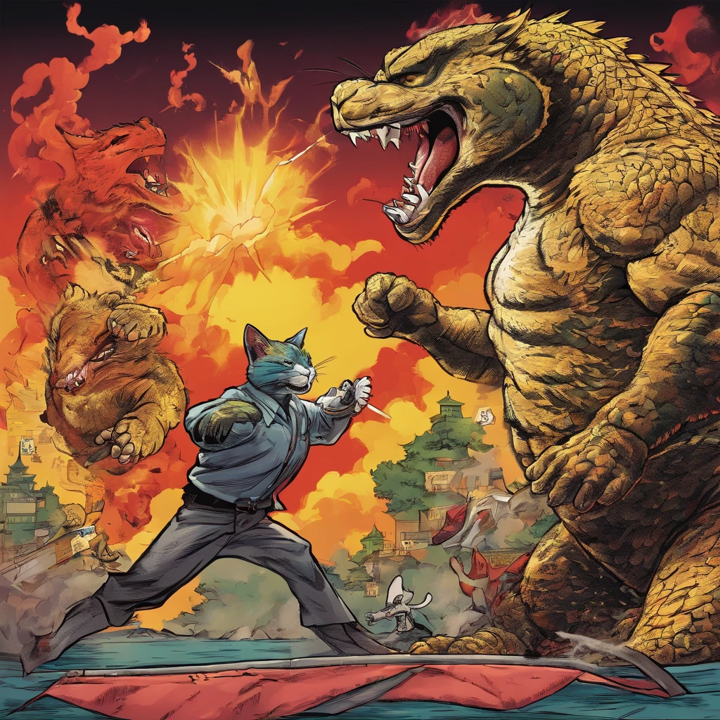 yakuza cat fighting Godzilla in the 80th Tokyo city