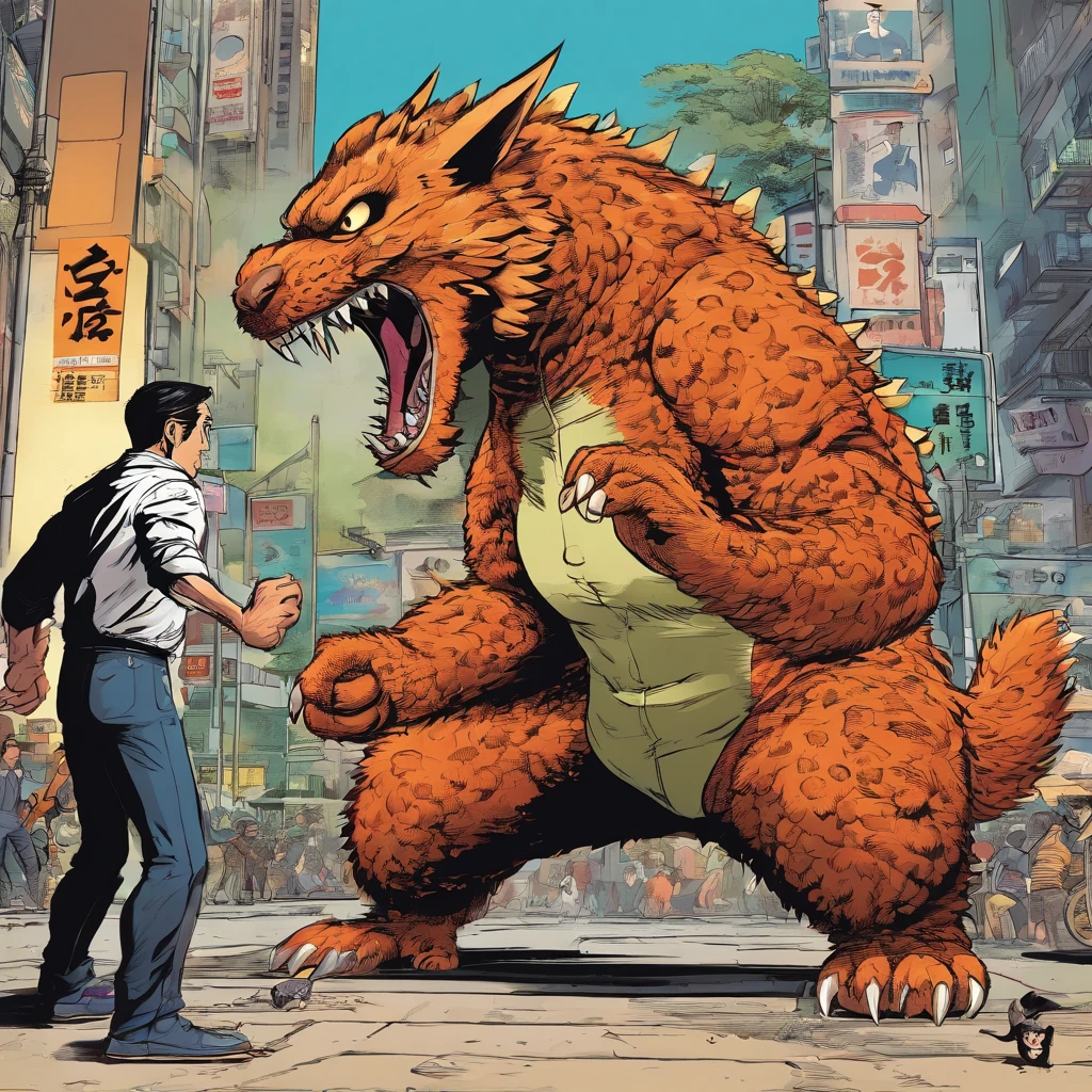 yakuza cat fighting Godzilla in the 80th Tokyo city