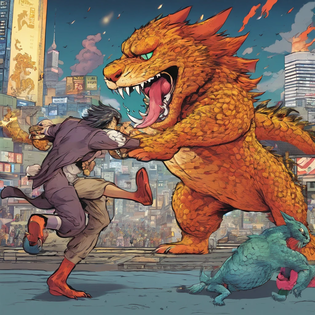 yakuza cat fighting Godzilla in the 80th Tokyo city