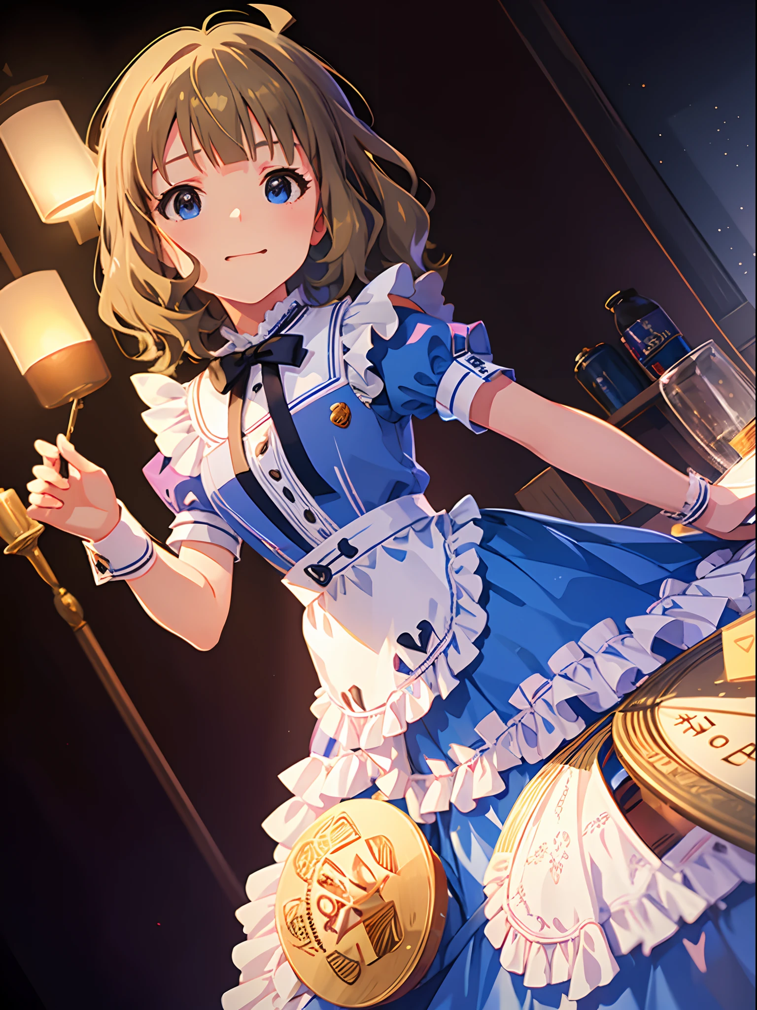 momoko suou (million live), 1 girl, Solo, 11 years old, Lori, Petite, Cute Girl,Best Quality, Ultra-detailed, 8K, High resolution, Alice in Wonderland, Twin tail, sky blue dress, frilled dress, white apron, frilled apron, garden, tea time,