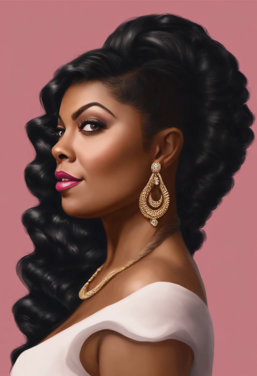 actress Taraji Penda Henson black woman very high resolution, best quality, master part, Very high image quality, ultra detalhado, hiper-realista, ..3d, anime, Illustrations, fantasia,  atriz Taraji Penda Henson mulher negra, uma negra mulher com um colar de ouro e brincos, arte do designer, foto da atriz Taraji Penda Henson mulher negra, feminilidade", diva, obra-prima',, cabelo ondulado rosa, side braid, minissaia, estilo , background cyber punk galaxy city HIP HOP, fundos poster do filme HIDDEN FIGURES , ESTRELADO PELA ATRIZ TARAJI PENDA HENSON