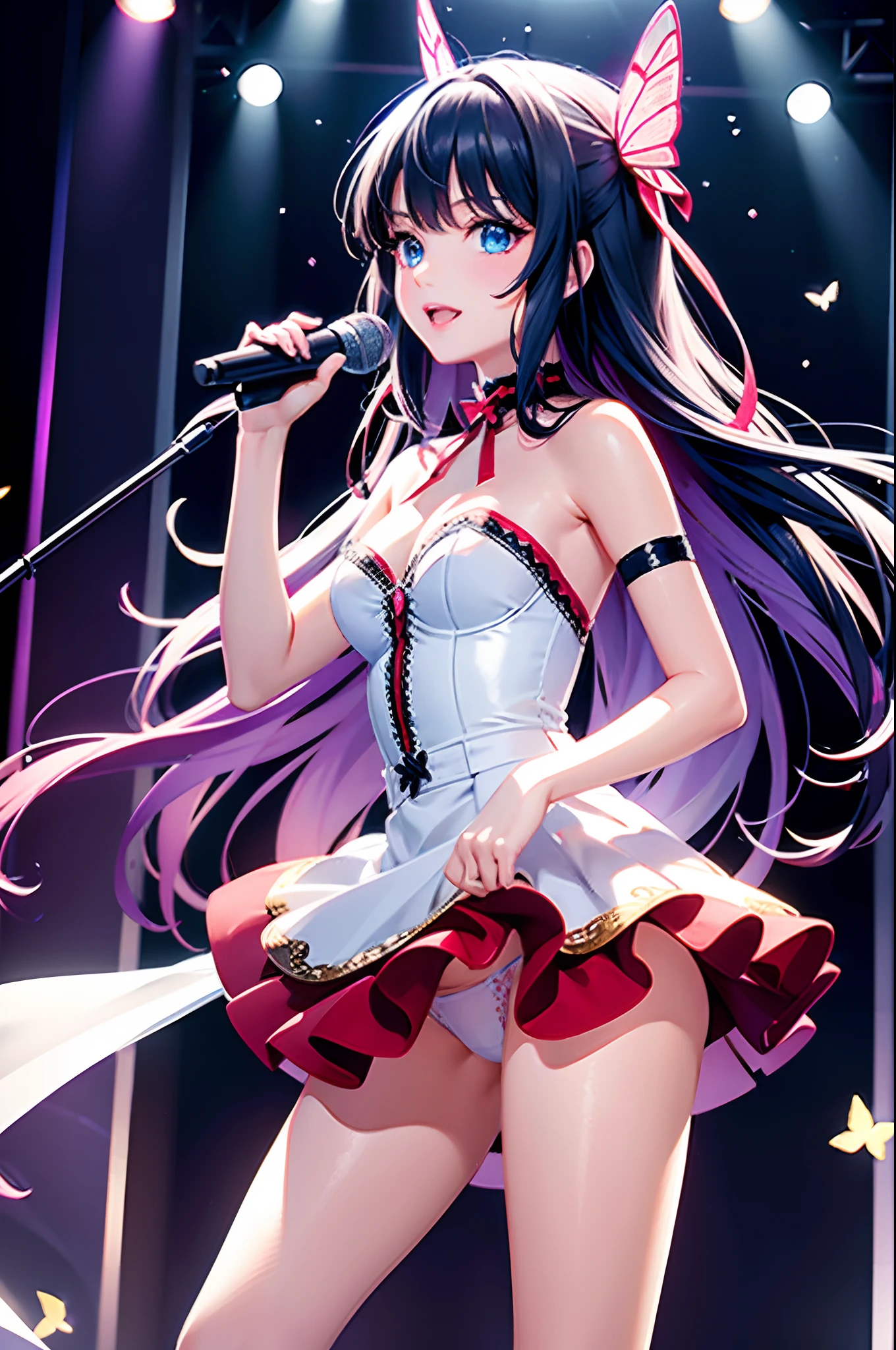 Illustration, cinematic light, high resolution, best quality, ultra detailed, detailed face, (detailed eyes), highest quality, super detailed, masterpiece, (detailed face), pretty face, best smile, sexy mature woman transparent (white and red goth costume: 1.5), ultra detailed embroidery, cloth, choker, open cloth, NSFW, high heels, blue eyes, neon small shiny hair ends, D cup, cleavage, AI fantasy concert, shining lighting with neon details, idol, (live stage: 1.15), (singing holding the microphone with left hand: 15), singing with butt sticking out: 5, (to a packed audience in the background), light reflection, heart-shaped iris, playful eyes, open shoulders, (wet body), small glowing butterfly, hair jewelry, panties, cute string white panties with ribbon: 1.5
