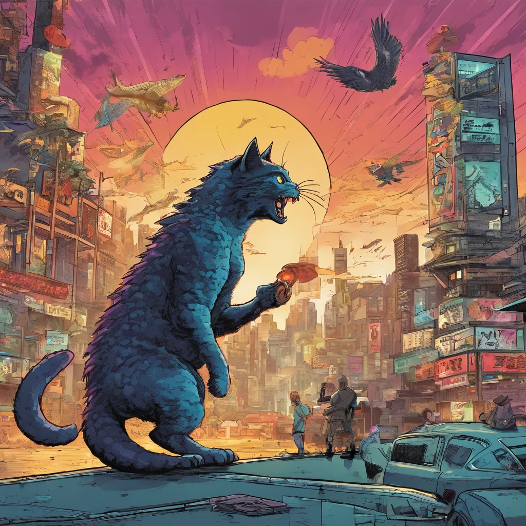 cat fighting Godzilla in the cyberpunk Tokyo city