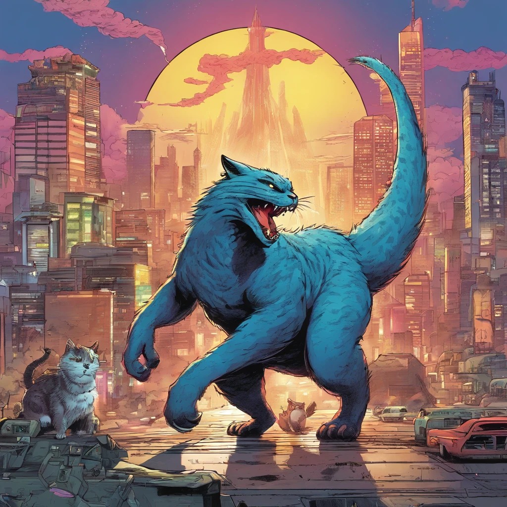 cat fighting Godzilla in the cyberpunk Tokyo city