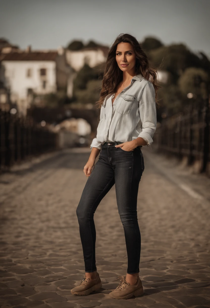 imagen realista ,High photographic quality of a young brunette woman, bonita, de estilo latino, vestida con jeans ,zapatillas ,remera y campera de jeans, wavy light brown hair, esbelta, Slim athletic body, caderas de 90 cm, cintura de 55 cm, pechos de 100 cm , altura mediana