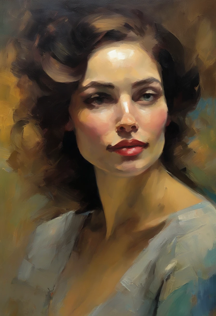 (best quality,realistic,4k,masterpiece:1.2),oil painting portrait,malcolm liepke style,detailed brushwork,emotionally charged,energetic,beautiful model,sensual,expressive brushstrokes,vivid colors,oil on canvas,realistic skin tones,subtle lighting,facial expression,true depiction of emotions,artistic interpretation,subject's inner world,brushwork reflecting emotions