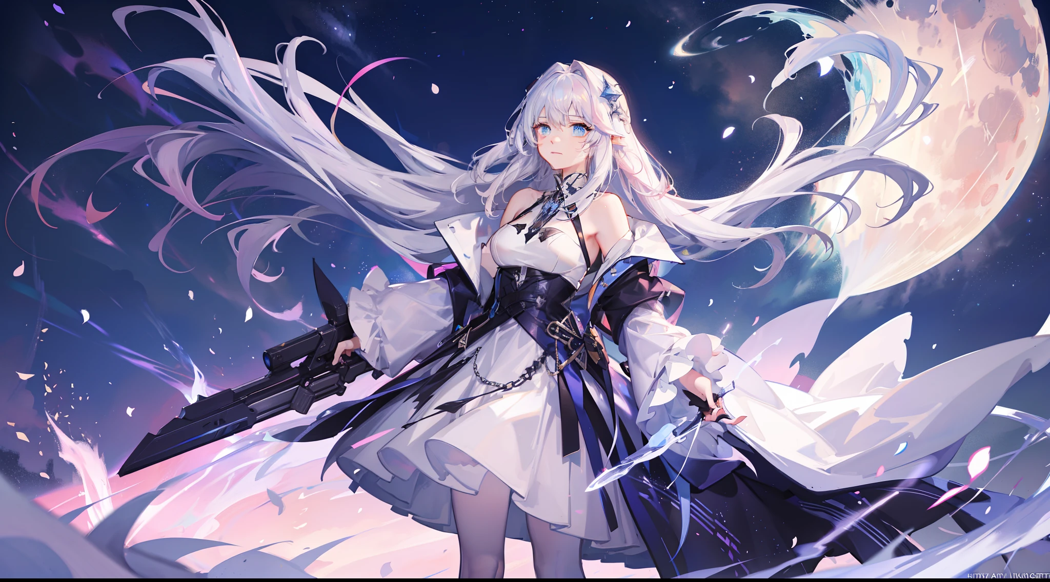 Cat's ears, blue eyes, ((hair is white with pink highlights and shoulder length)), Her skin is pale, A blade of ice enveloped me like a serpent in interstellar wind,Unleash the Ice Blade, Highest Quality, Carry a white cloak with war maiden decorations,Raise the rainbow spear of the brave, ((sad))((Big tears)), 8. Blue Ice Javelin,Ice Blade,Lens Flare, Big rainbow,The moon shines,Star chips, bloom, ((light glow)), chromatic abberation], Digital Painting, Insane details, Intricate details, Beautifully color graded, Unreal Engine, Cinematic , colour grading, Editorial Photography , Photography, Photo Shot, Shot on 70mm lens, depth of fields, degrees of freedom, Tilt Blur, Shutter Speed 1/1000, h/22