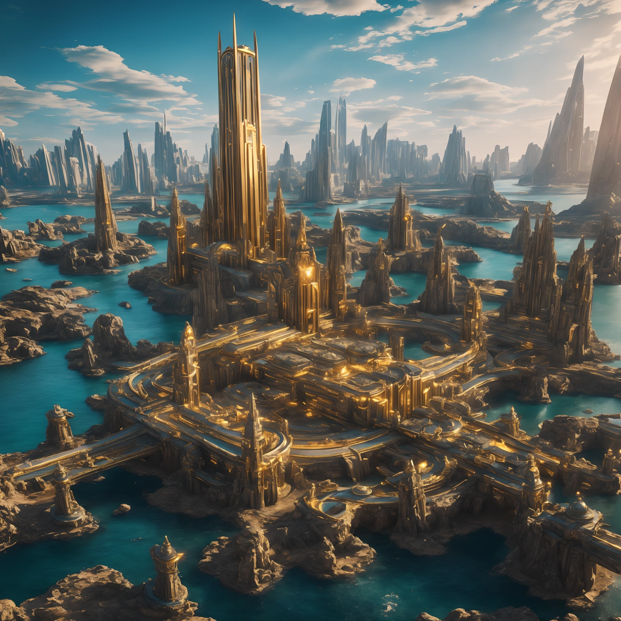 Atlantis city landmark, unique futuristic exterior golden landmark, futuristic ancient building in around, realistic 3d randering, unreal engine 5, masterpiece composition, dynamic low angle wide shot, dramatac lighting, cinematic, UHD, highly detailed texture, sharp focus, fantasy mystery atlantis city landscape, perfect object, trending on art station, masterpiece exterior landmark