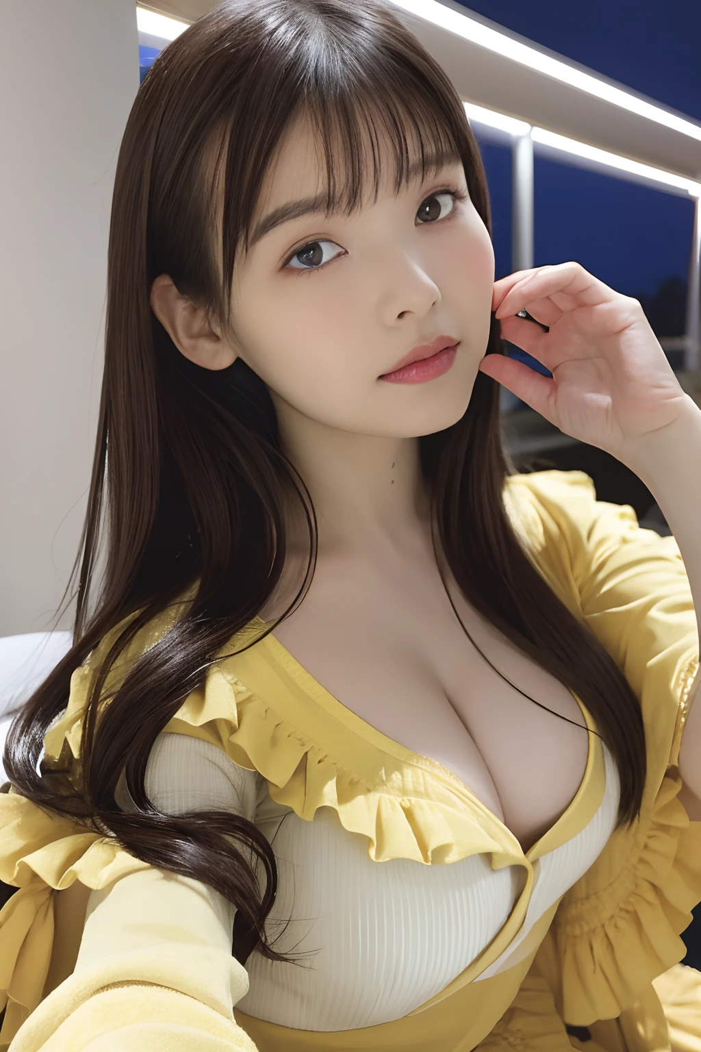 26 year old, 8K, RAW portrait of、photographrealistic, 超A high resolution, Best Quality, Real life photography , Dramatic, Atmospheric, 1girl in, a very beautiful japanese girl, Sexy shots of girls, 
Big beautiful detailed eyes, Brown hair, beautiful detailed nose, fullnude、Small breasts
frill, Bow, 
Looking at Viewer, Blurry background, Upper body, Simple background, Kneeling, (At night :1.1)