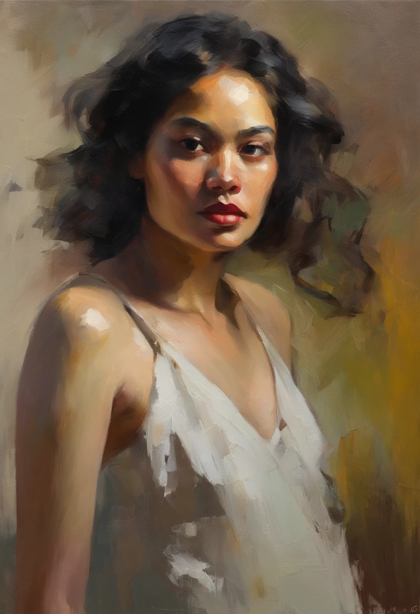 oil painting portrait,malcolm liepke style,detailed brushwork,emotionally charged,energetic,beautiful model,sensual,expressive brushstrokes,muddy color, asian girl,oil on canvas,realistic skin tones,subtle lighting,facial expression,true depiction of emotions,artistic interpretation,subject's inner world,brushwork reflecting emotions.