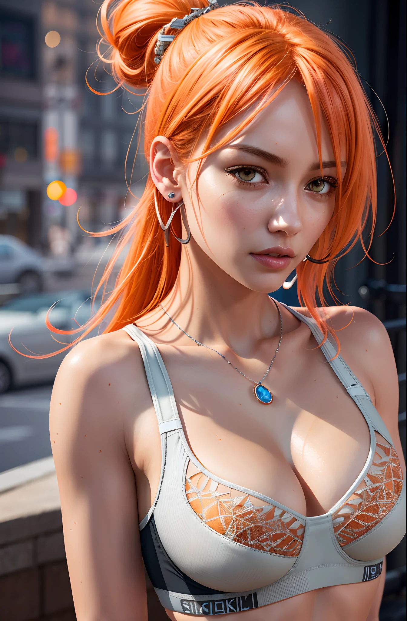 realistic, Beautiful detailed girl, clear and beautiful, Personage as the main perspective, shiny_skin, girl,woman,female, young,25 years old, (medium hair), bangs, (Top knot:1.3), sidelocks, orange hair, (beautiful detailed Glass hair), pink streaked hair,beautiful detailed cold face, cold expression, complex details beautiful and delicate eyes, fingernails, medium_breasts, , orange eyes, Authentic skin texture, gleaming skin,(Multiple piercings), necklace,(sports bra:1.3),bloom,(line art:1.2),realistic illustration,(unreal engine),(GoPro),(insanely detailed),perfect shading,(digital art),(ray tracing),(intricate detailed),creative refinement,(dark atmosphere)