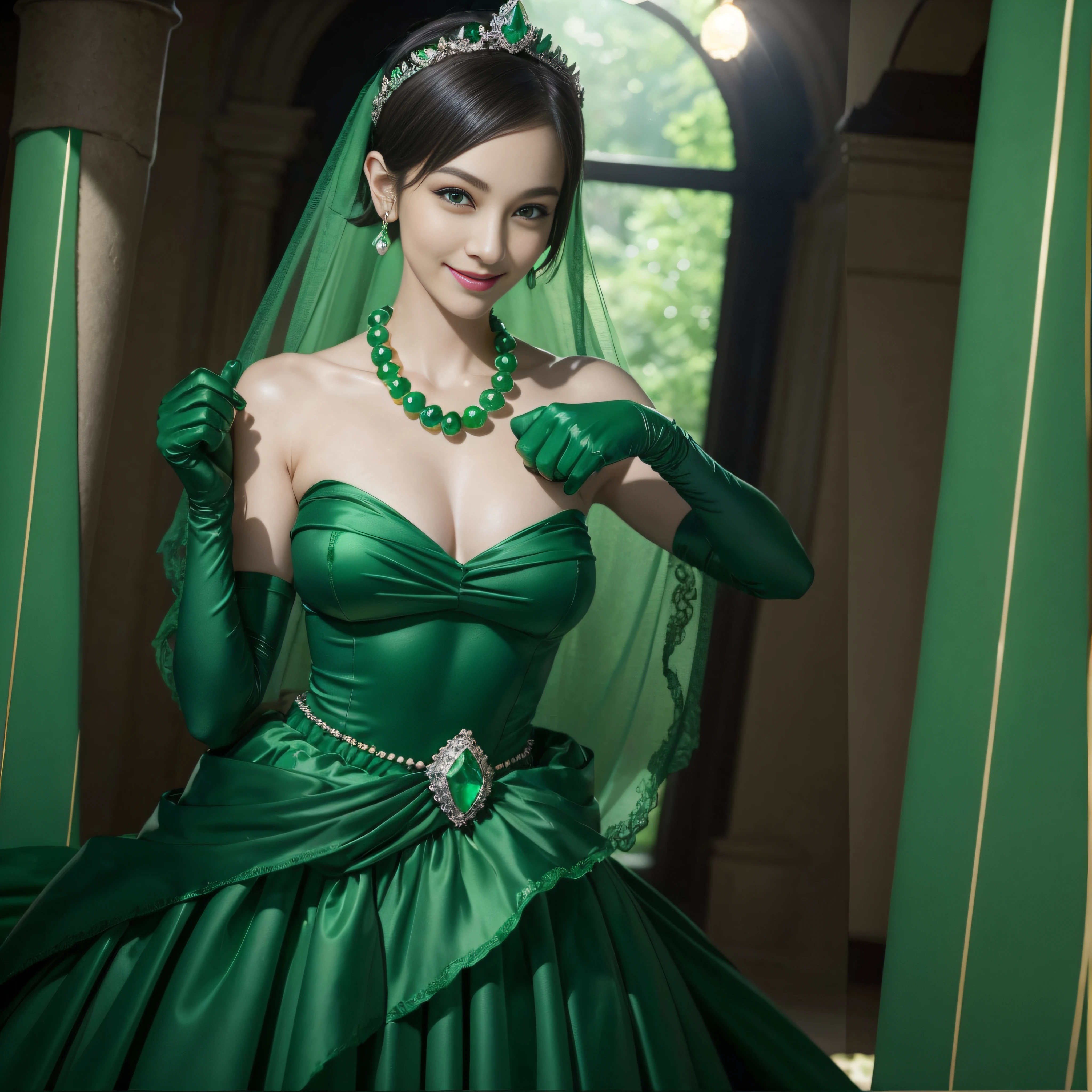 emerald tiara, Green Pearl Necklace, Boyish very short green hair, lipsticks, Japan woman smiling, very short short hair, fist, big breasts beautiful, Green eyes, Long green gloves made of satin material, Green eyes, Emerald Earrings, lesbian ,the kiss