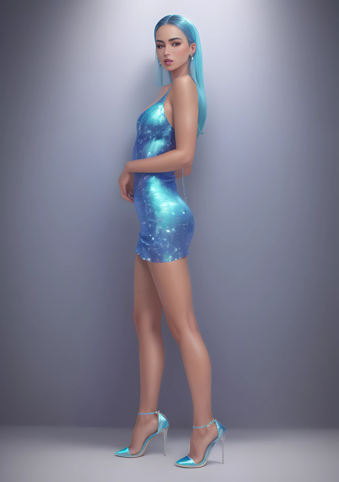 uma modelo em um vestido azul de lantejoulas, metallic cyan bodysuit, usando um vestido cintilante, vestido curto, 🤬 🤮 💕 🎀, vestido cintilante de diamante, vestido azul gelado;, olhando para o lado, vestido de glitter, brilhos por todos os lados, Brilhante, side view, pose lateral, Foto de perfil lateral, vestido astral, olhando para o lado brilhante vestido
