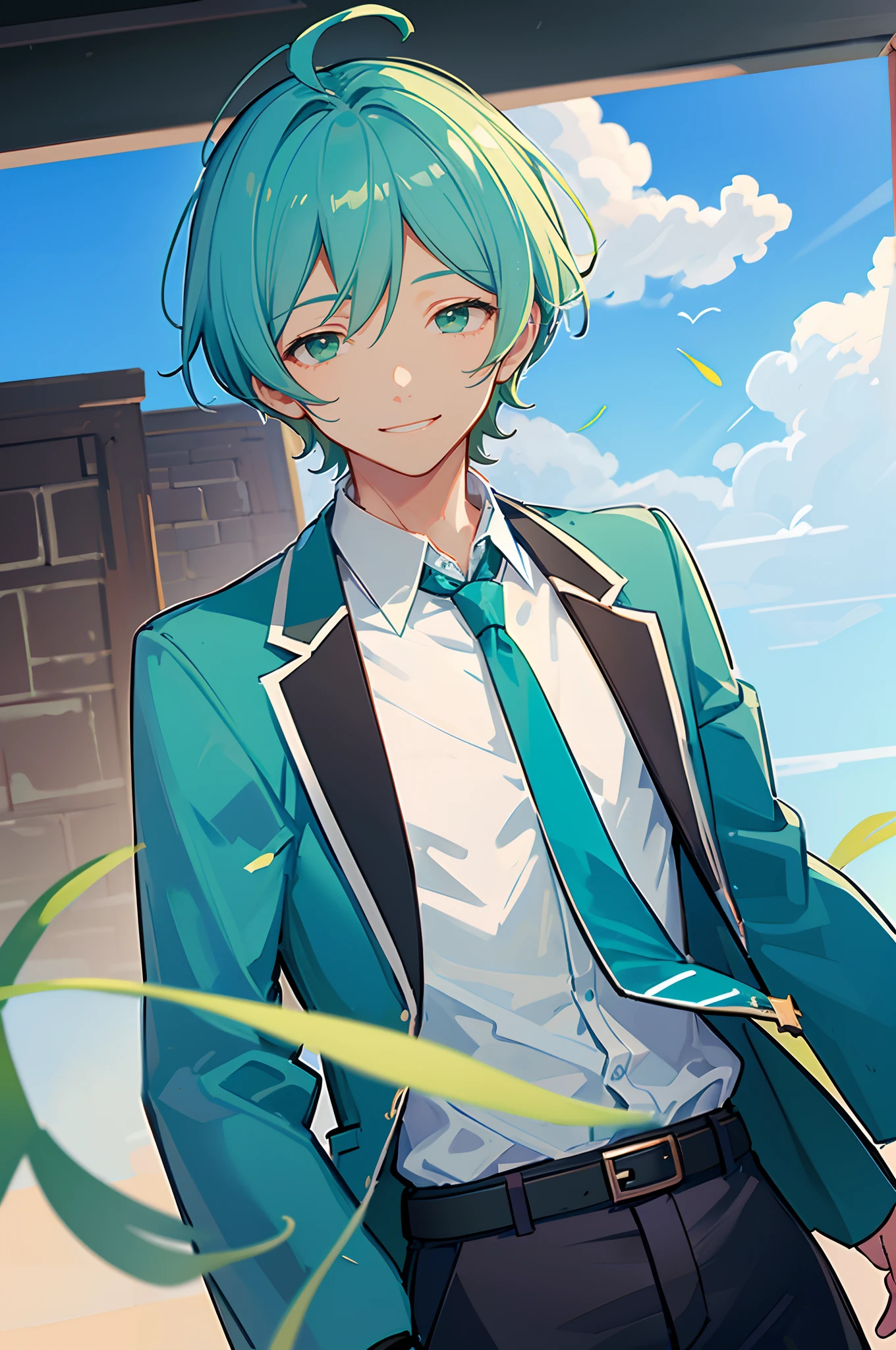 kanata shinkai, solo, 1boy, green eyes, blue hair, ahoge, male focus, cowboy shot, smile, school uniform, green eyes, blue hair, jacket, white shirt, upper body, necktie, collared shirt, blazer, blue jacket, cropped torso, green necktie, plaid pants