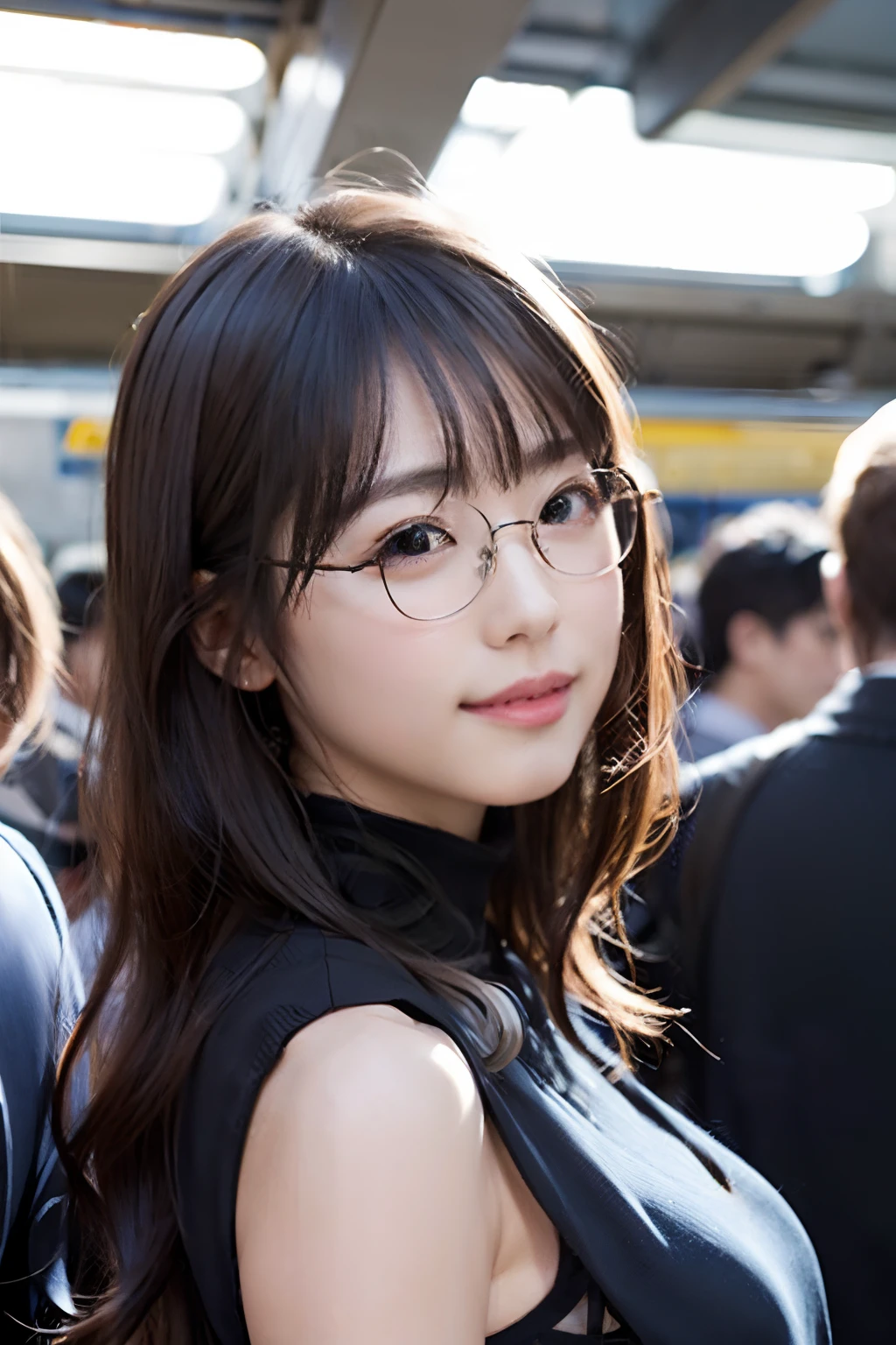 (8K、Raw photography、top-quality、masterpiece:1.2)、(realisitic、Photorealsitic:1.37)、ultra-detailliert、超A high resolution、1人、see the beholder、beautifull detailed face、A smile、Constriction、(Slim waist) :1.3)、short-cut、Beautiful detailed skin、Skin Texture、Floating hair、Professional Lighting、Wait for the platform train、Black square glasses 、Whole human body、Black hair