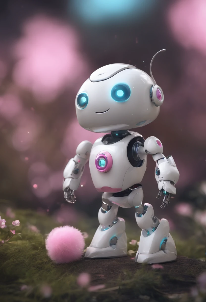 Generate images of cute robots。This robot must have loveliness like a pet of the future。 Although it doesn't have to be facial expressions、Eyes are better to have large。The background is sparkling with pink and light blue, etc., and has a bright and fun atmosphere.、Make sure you know clearly where the robot is。To generate images of robots、It doesn't matter what art style or technique you use,、Be careful that the robot will be cute。