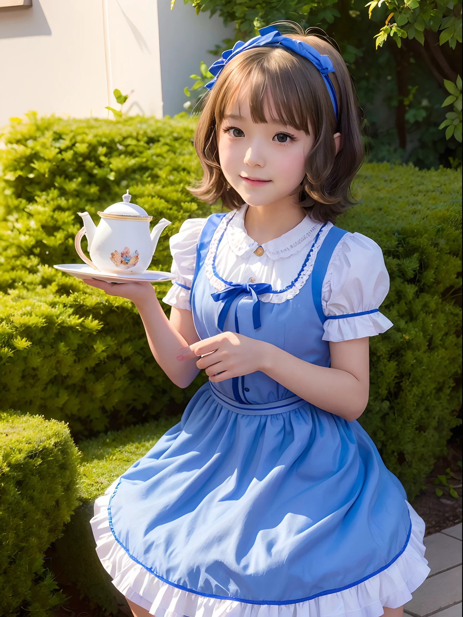 momoko suou (million live), 1 girl, Solo, , Lori, Petite, Cute Girl,Best Quality, Ultra-detailed, 8K, High resolution, Alice in Wonderland, Twin tail, sky-blue dress, Lolita, frilly dress, White Apron, frilled apron, garden, Tea,