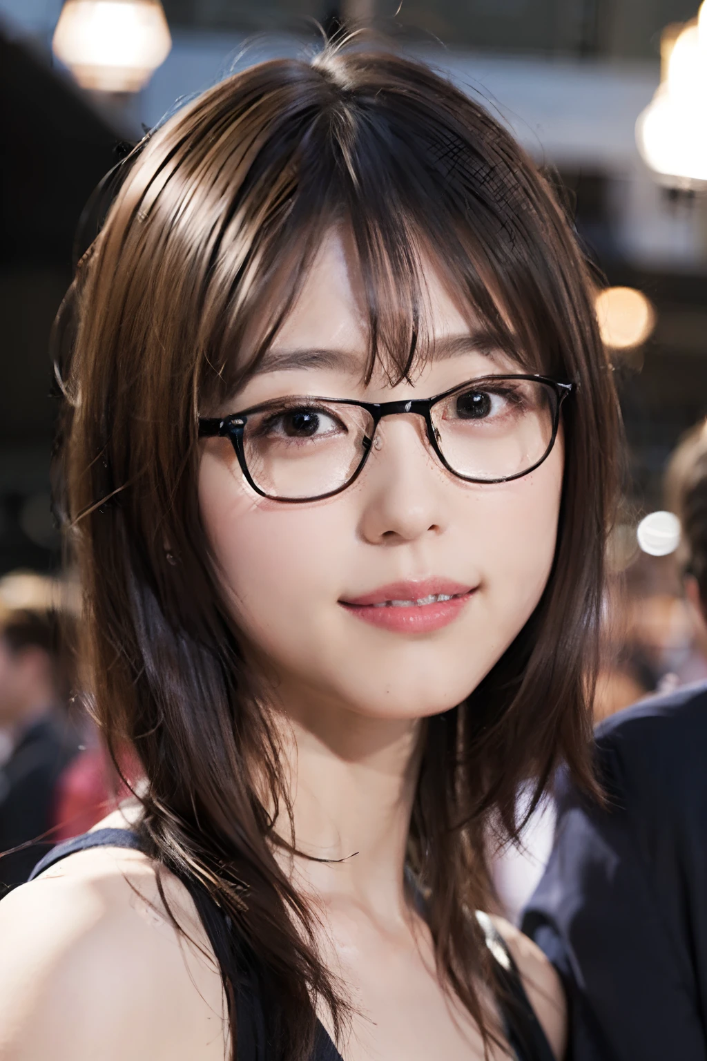 (8K、Raw photography、top-quality、masterpiece:1.2)、(realisitic、Photorealsitic:1.37)、ultra-detailliert、超A high resolution、女の子1人、see the beholder、beautifull detailed face、A smile、Constriction、(Slim waist) :1.3)、short-cut、Beautiful detailed skin、Skin Texture、Floating hair、Professional Lighting、Wait for the platform train、Black square glasses 、Whole human body、Black hair