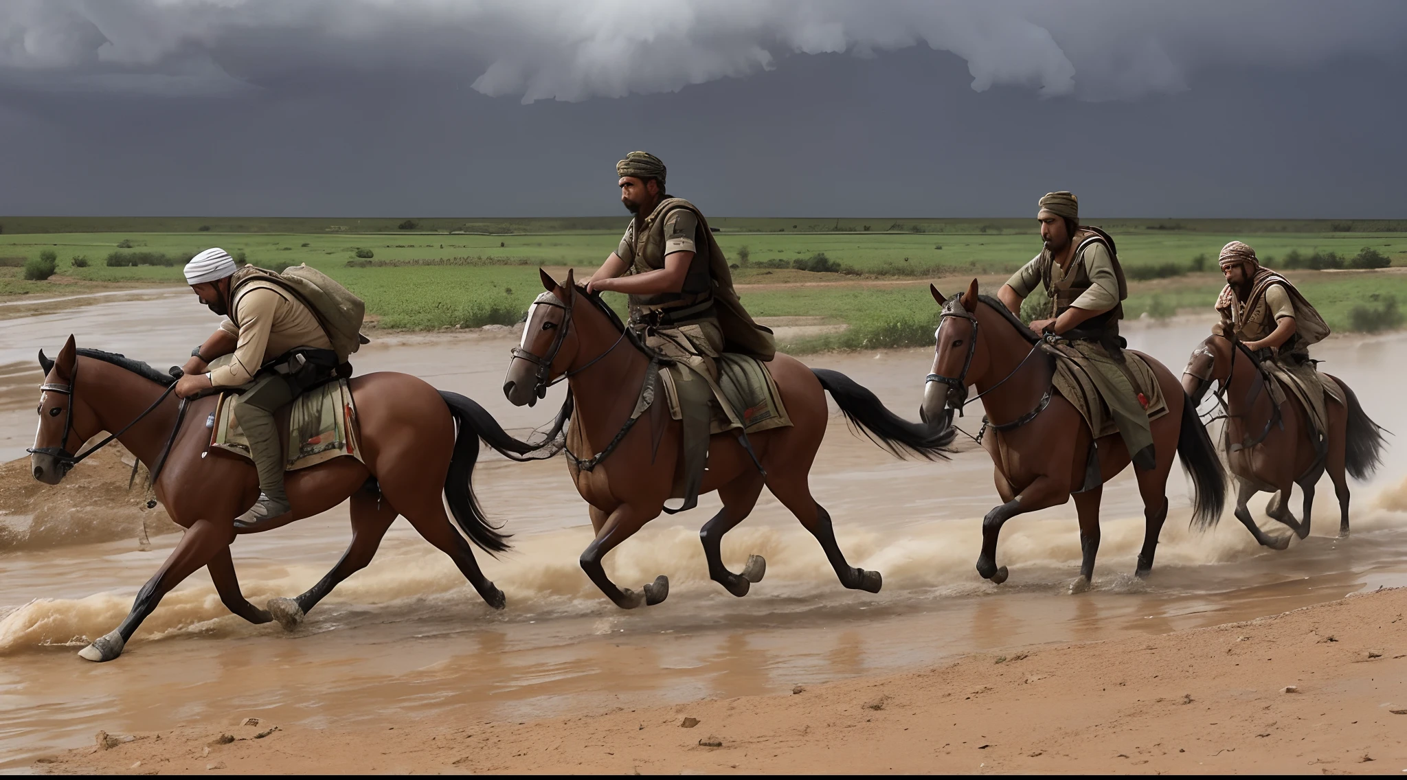 Arab commander in mesopotamia fleeing on foot through a strong storm towards acampamenttribal,  Capture the intensity of the rain and the commander's determination