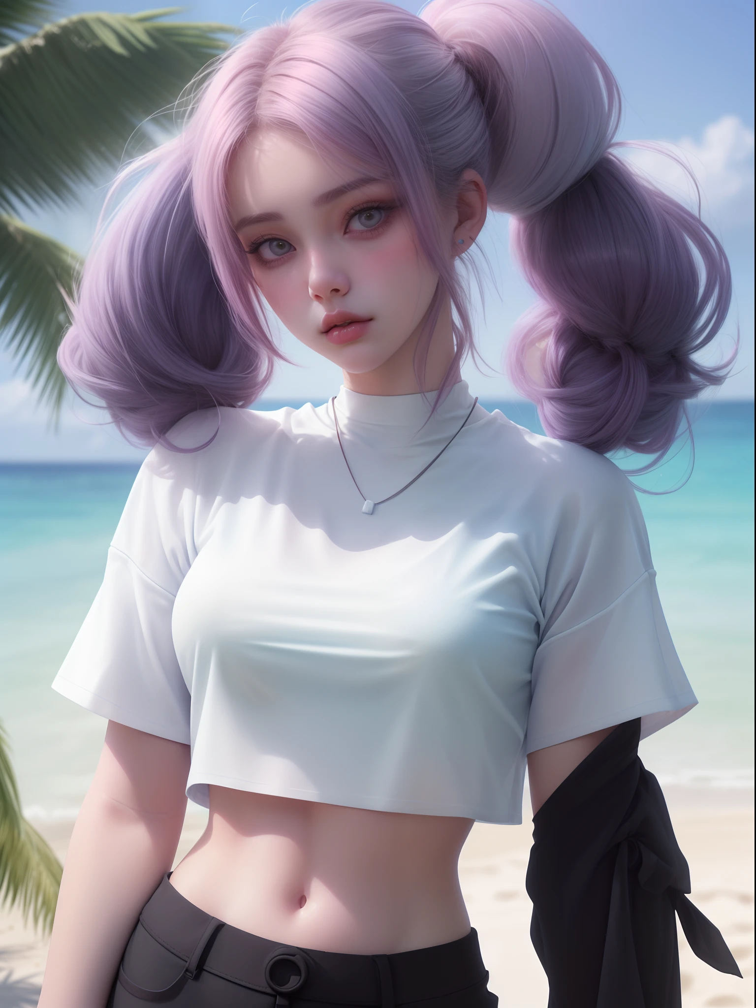 A dark pastel-haired girl, wearing a white crop top shirt, a sexy body, looking at the camera with a close-up shot. (she has a trendy hairstyle), and is on a sunny beach. The image is in 8K ultra-realistic quality.