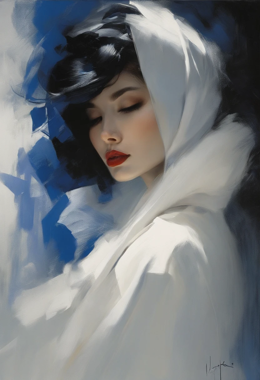 snowy, whimsical  fantasy white, black and royal blue, asian model abstract shapes and lines brush strokes, poster art, kissing, light and shadow, malcolm liepke style
