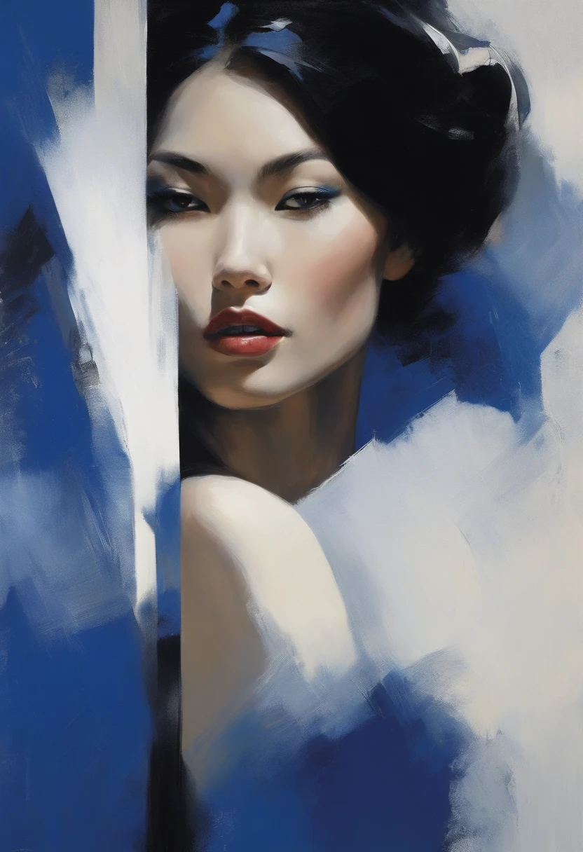 snowy, whimsical  fantasy white, black and royal blue, asian model abstract shapes and lines brush strokes, poster art, kissing, light and shadow, malcolm liepke style