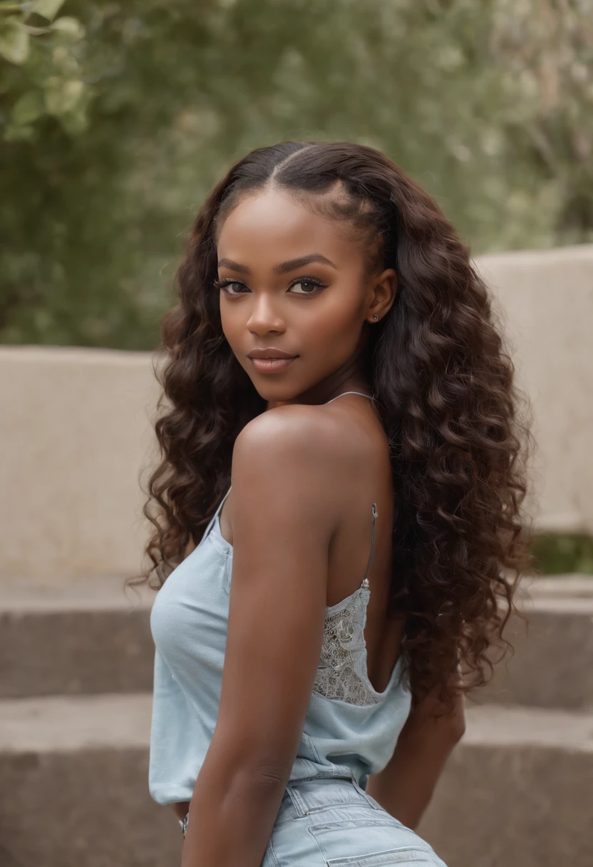 ((Dark African skin, Very deep ebony skin)), ((Its beauty is undeniable)), ((Excited cute face)), ((Hyper detailed perfect eyes,)), ((pose mignonne)), ((Langue sortie)), ((Seductive )), sexy, (( Tight mesh shirt, shorts courts sexy)), ((Afro ponytail with long African curly hair,)), (( peau)), (( gros seins )), ((debout, vue de face)), ((toucher ses propres jambes dans une pose sexy)), ((dehors, Ville publique)), Sharp Focus CGI, photoreallistic, High detail, Realstic, Masterpiece, absurdes, Best quality, Hdr, High quality, high-definition, Extremely detailed, 8k wallpaper, Intricate details, 8K UHD, Full-HD, (photo realist:1.2), contraste, intense illumination, lighting cinematic, natural lighting, hard light, contre-jour, Illumination globale, occlusion ambiante
