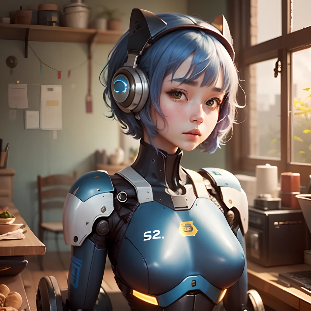 A robot girl named Saki with short blue hair, very pretty, 23 years old, with a robot body --auto --s2
