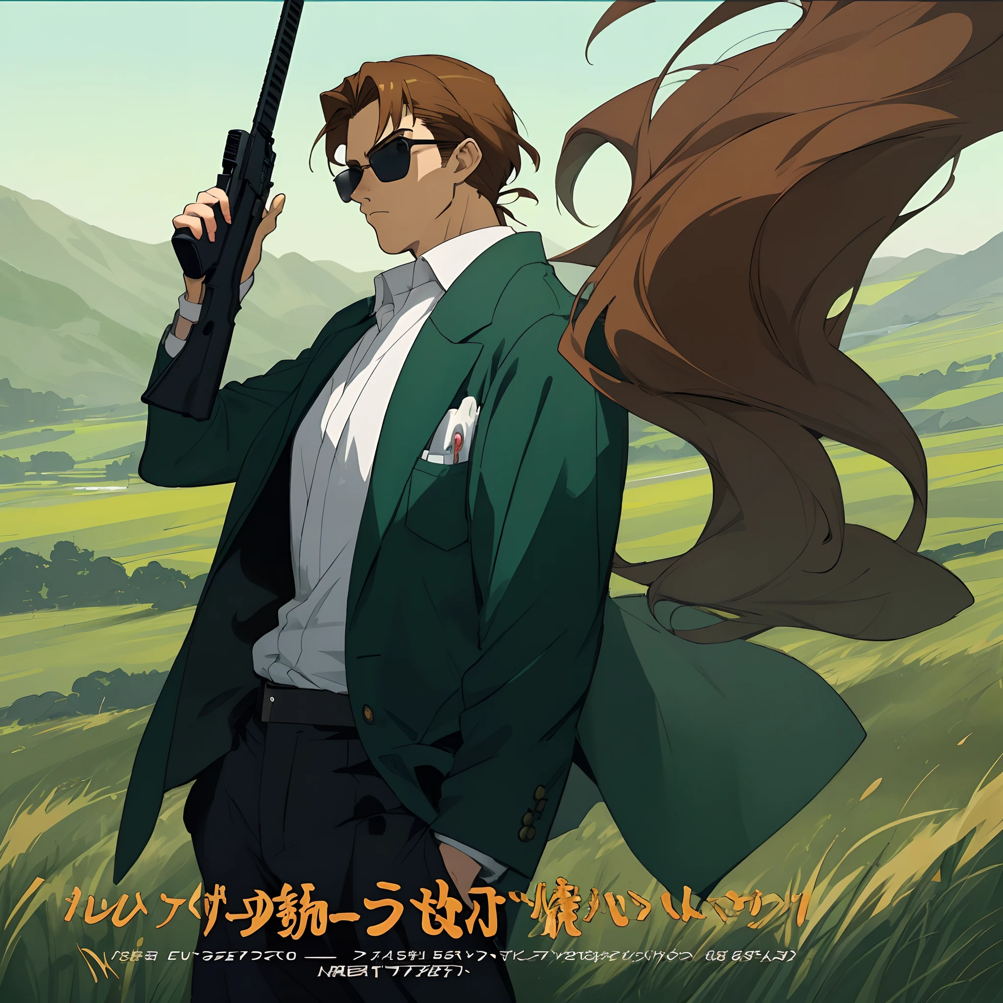 a young mafioso with sunglasses and brown hair quite thin with a gun in his left hand and with the other in his pocket looks down and he is in a green meadow anime style the image must have a japanese anime poster style filter