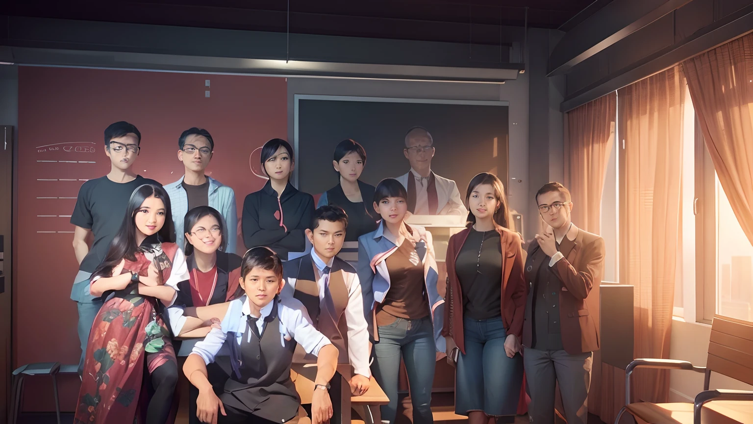 Change background into Smart classroom, view board, bench,watch, realistic face, high resolution