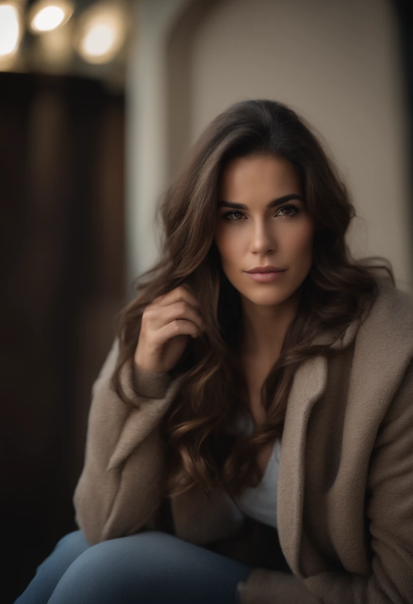 imagen realista ,High photographic quality of a young brunette woman, bonita, de estilo latino, vestida con jeans ,zapatillas ,remera y campera de jeans, wavy light brown hair, esbelta, Slim athletic body, caderas de 90 cm, cintura de 55 cm, pechos de 100 cm , altura mediana,maquillada para una fiesta,se debe hacer mayor foco en su rostro