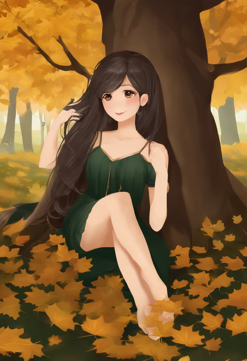 1girl, centra_tree, aki_Shizuha, enojo_vena, autumn, autumn_hojas, flequillo, solamente_tree, azul_ojos, desafilado_flequillo, rama, Noche, vestido, cayendo_hojas, bosque, ginkgo_hoja, tenencia_hoja, lago, hoja, hoja_fendo, hoja_cabello_ornamento, hoja_en_cabeza, hoja_print, labios, largo_cabello, Looking_en_espectador, arce_hoja, Nenuraleza, al aire libre, solamente, En pie, Piedra_linterna, tree, debajo_tree, cabello negro, SENSEI