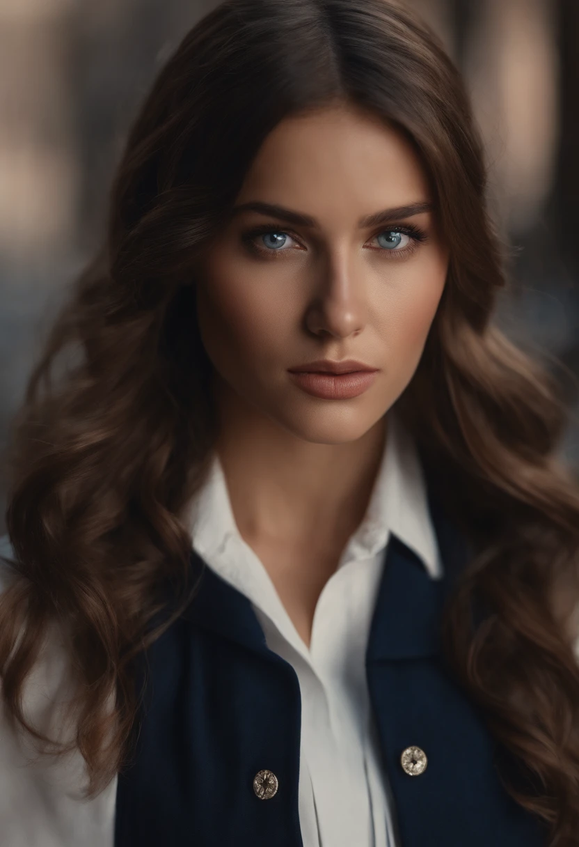 best quality, masterpiece, illustration, an extremely delicate and beautiful, extremely detailed ,CG ,unity ,8k wallpaper, Amazing, finely detail, masterpiece,best quality,official art, extremely detailed CG unity 8k wallpaper,l, huge filesize, ultra-detailed, highres, extremely detailed, extremely detailed eyes and face, beautiful detailed eyes, expressive eyes, light blue upturned eyes, white button up, navy blue vest, maxi gray pleated skirt, thick long dark brown hair, freckles, full body, tan complexion, full body, triangle bang, beige brick city landscape, maxi skirt