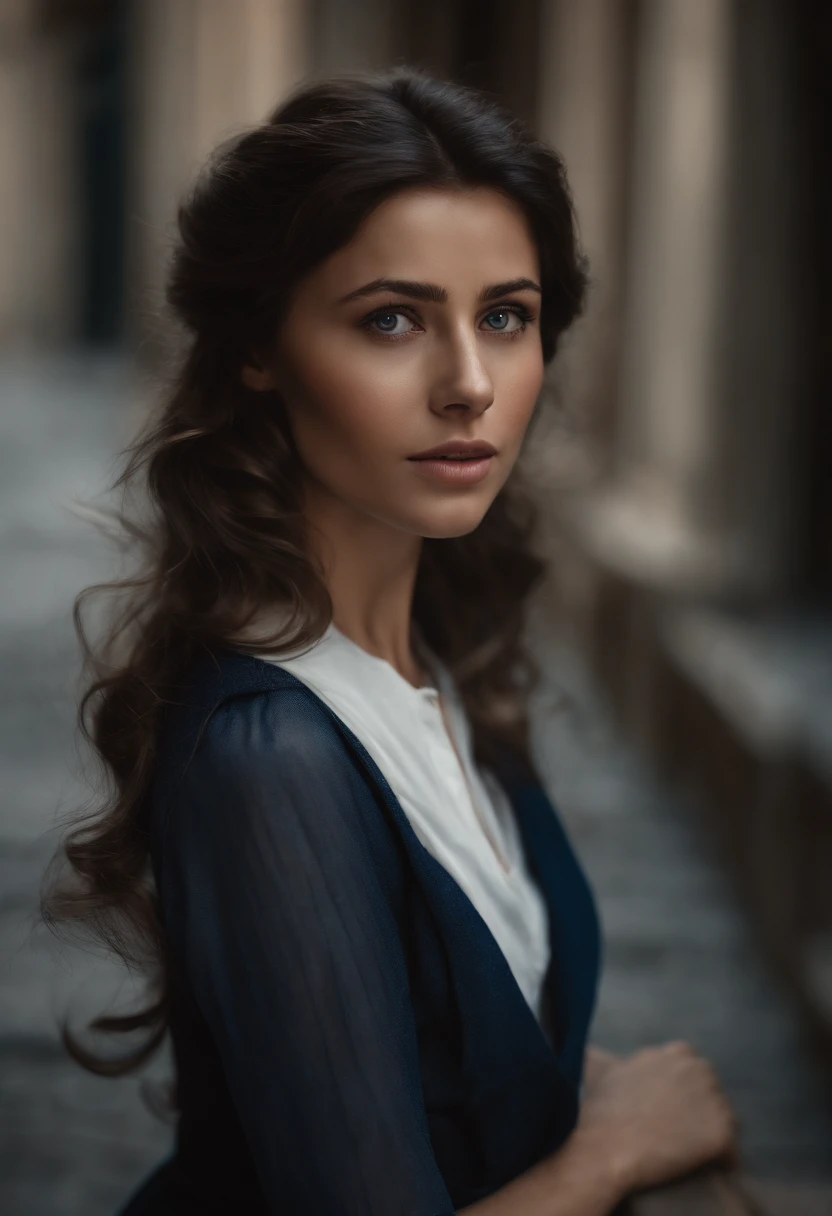 best quality, masterpiece, illustration, an extremely delicate and beautiful, extremely detailed ,CG ,unity ,8k wallpaper, Amazing, finely detail, masterpiece,best quality,official art, extremely detailed CG unity 8k wallpaper,l, huge filesize, ultra-detailed, highres, extremely detailed, extremely detailed eyes and face, beautiful detailed eyes, expressive eyes, light blue upturned eyes, white button up, navy blue vest, maxi gray pleated skirt, thick long dark brown hair, freckles, full body, tan complexion, full body, triangle bang, beige brick city landscape, maxi skirt