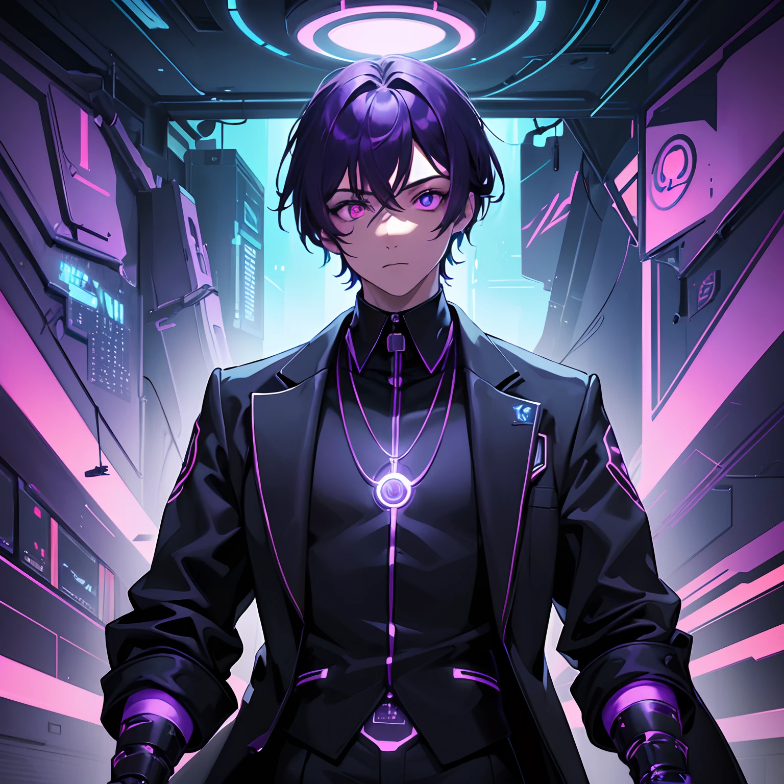 mysterious lighting, digital art style, intense colors, glowing eyes, futuristic atmosphere. (best quality, highres), (vibrant colors), (digital art:1.1), (futuristic style), (glowing eyes:1.1), (intense colors:1.1), (boy), (purple hair), (one blue eye, one red eye), (school uniform), (mysterious atmosphere), (futuristic lighting:1.1) school uniform,
