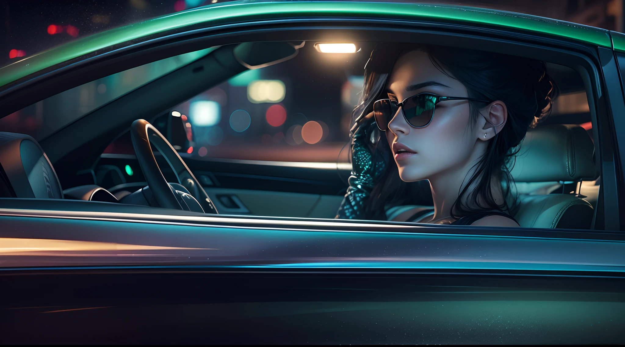 whide angle ((night photo)) sexy gorgeos slim wooman ((driving luxury car)) in ((green)) leather ((underwear)) and (black) sunglasses, matrix movie style, (in night city street), ultrarealistic, intricate details, natural skin texture, hyperrealism, high quality, 4K, photorealistic, cinematic, studio light, Shot with a Sony a7R IV and a Sony FE 16-35mm f/2.8 GM lens.