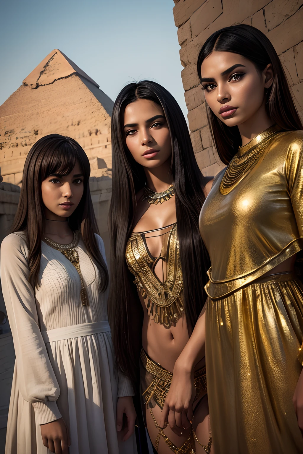 3 young Egyptian girls, Giza Pyramids , wear regional clothes, evening, insanely detailed realistic skin texture, accurate hands, accurate eyes, An anatomically correct depiction of the human body, absurd res, hyper detailed, radiosity, physically based rendering, Unreal Engine, by Canon EOS 5D Mark4 and SIGMA Art Lens 35mm F1.4 DG HSM, F8, ISO 200